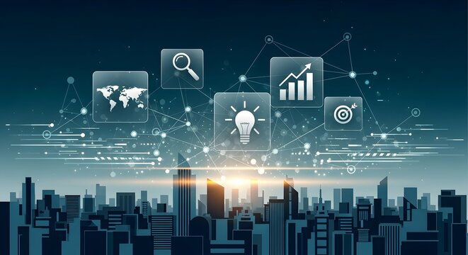 Futuristic city skyline with digital business and technology icons overlayed