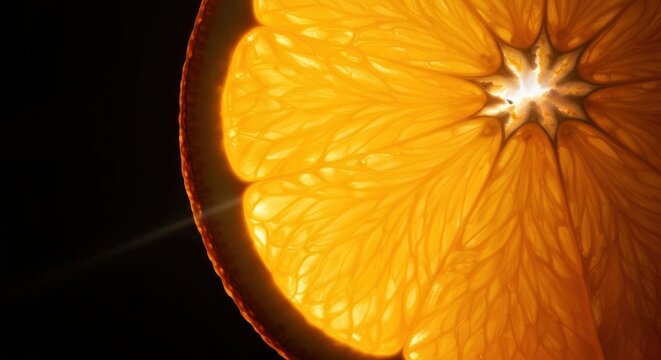 Close-up backlit orange slice, radiating light, intricate detail, dark background