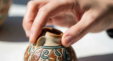 Hand Holding Decorative Ceramic Pot with Intricate Patterns in Close Up