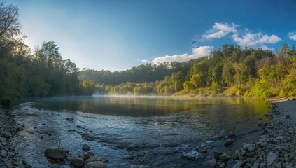 Scenic river landscape, seasonal change