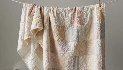 White cotton summer abstract patchwork blanket drying after washing, ideal for home decor
