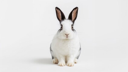 Obraz premium White rabbit with black ears on a white background, suitable for editorial use