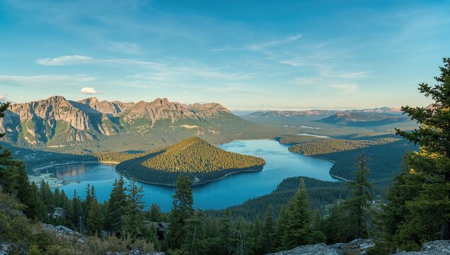 Overlooking lakes and mountains from a treetop vantage point, seasonal change