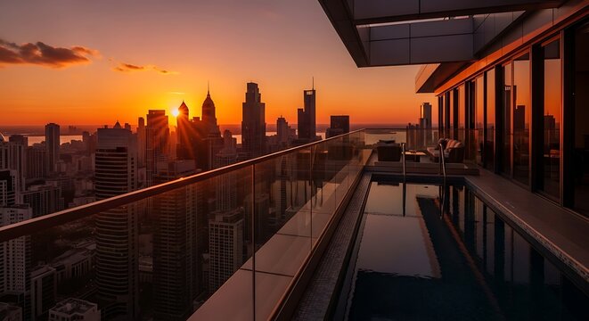 Luxury Rooftop Pool in Modern City Skyline at Sunset
