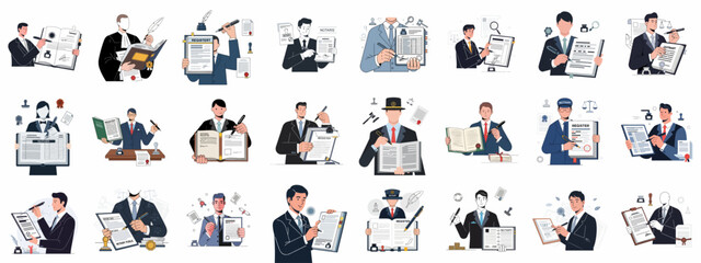 Fototapeta premium Vector illustration set of legal professionals, lawyers, and notaries performing authentication, documentation, and contract signing services.