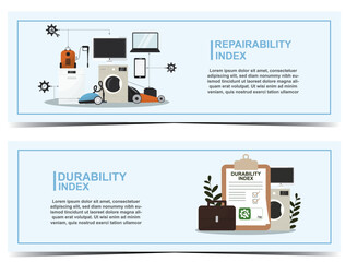 Flyers Set of Repairability and Durability Appliance Indices. home appliance repairability and durability indices designed for sustainability topics and product evaluations. Vector illustration
