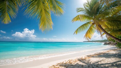 Fototapeta premium Sunny palm beach, clear white sand and blue sea water, ideal for relaxation and leisure
