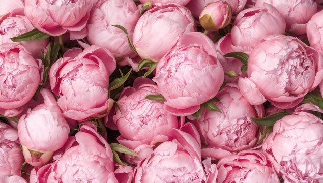 Many fresh pastel pink peony blooms in close-up, vibrant floral texture for layout