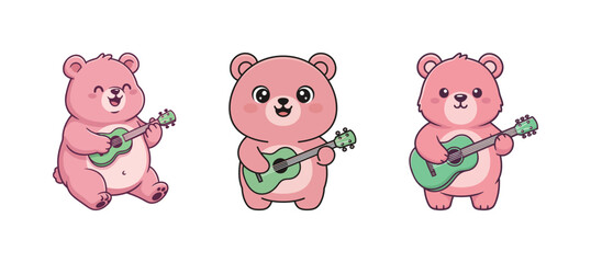 Three Adorable Pink Cartoon Bears Playing the Ukulele or Guitar, Happy Music and Animal Character Vector Illustration for Kids' Songs and Entertainment Isolated on White Background.