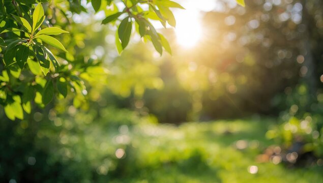 Lush greenery in a vibrant eco garden with a blurred summer backdrop, ideal for editorial header background