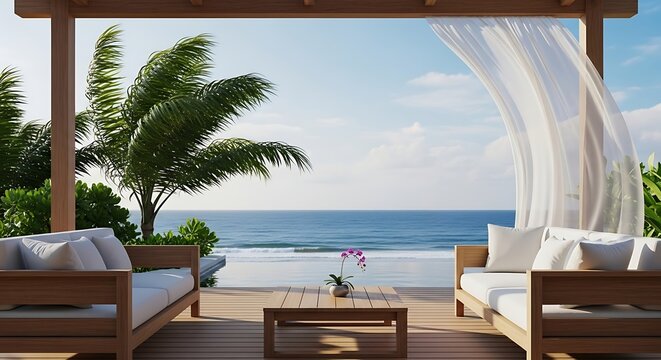 Beachside Outdoor Lounge Area with Sea View and Tropical Plants