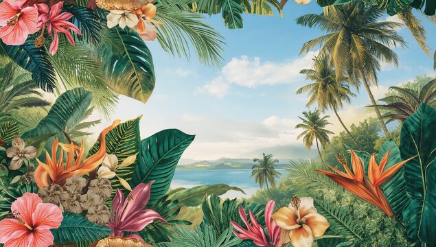 Tropical flora and artistic palm leaves in a seamless design, ideal for editorial backgrounds