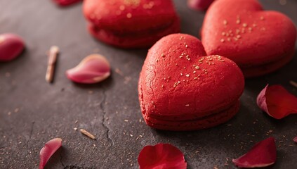 Red heart-shaped macaroons, festive treats for Valentine's Day, indulgent sweetness
