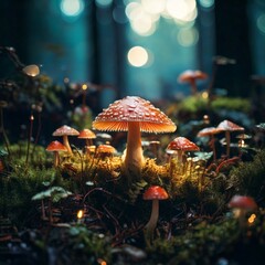 Magical forest with glowing red mushrooms covered in dew, creating a fairytale atmosphere perfect for fantasy and nature-themed designs.