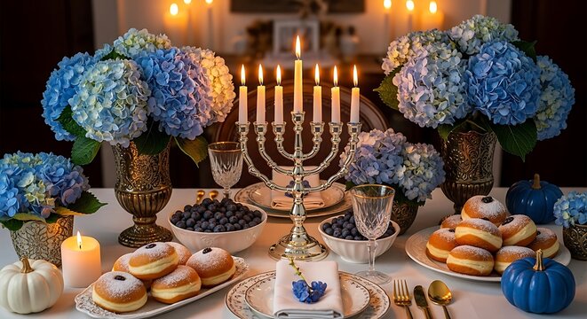 Photo of festive hanukkah table setting with menorah, lit candles, sufganiyot, hydrangeas, and pumpkins, creating a warm and inviting holiday atmosphere - Powered by Adobe