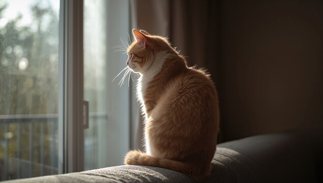 Orange and White Tabby Cat resting on sofa, enjoying sunlight, peaceful home environment