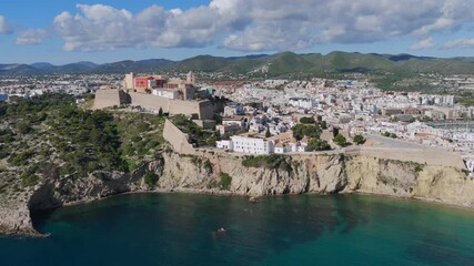 Aerial View of Dalt Vila (Eivissa Old Town) and the Busy Boat and Ferry Marina in Ibiza, Balearic Islands	