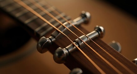 Close-up of guitar headstock, strings, tuning pegs in focus, wood grain