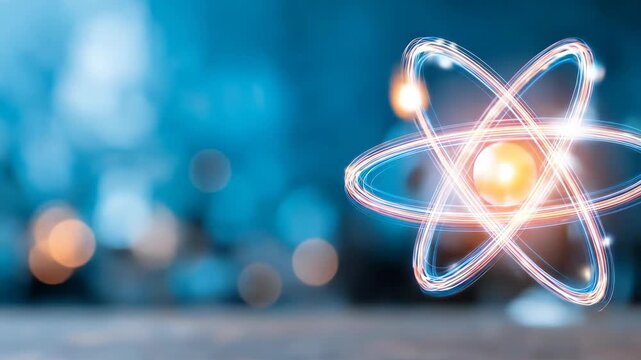 Abstract atom model with glowing orbitals science technology concept