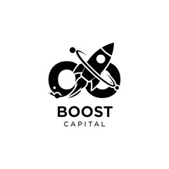Boost Capital Logo Featuring Rocket Orbiting Infinity Symbol in Black and White.