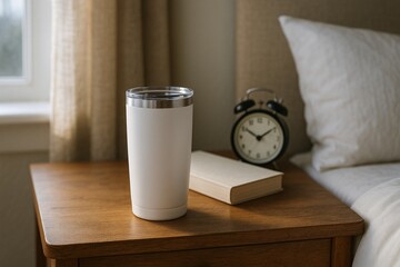 Minimal White Tumbler on Cozy Bedside Table