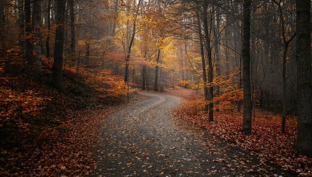 Path through a forest with fallen autumn leaves, ideal for showcasing seasonal change