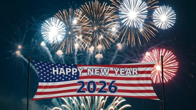 Festive American flag banner Happy New Year 2026 with dazzling fireworks display celebration