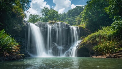 Fototapeta premium Waterfall cascading through jungle foliage in Phu Quoc, Vietnam, highlighting seasonal change