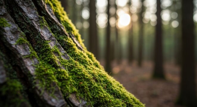 Close-up of moss on a tree trunk, forest background with sunlight - Powered by Adobe