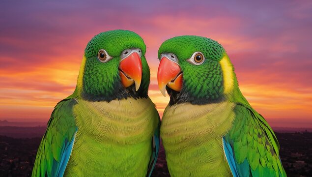 Two parrots against a sunset backdrop, showcasing vibrant plumage and seasonal change
