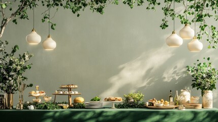 Spring brunch buffet, garden setting, sunlight, food display, website banner