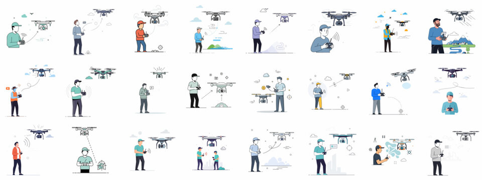 Collection of flat vector illustrations depicting people flying and operating remote-controlled camera drones for aerial photography, surveying, and fun.