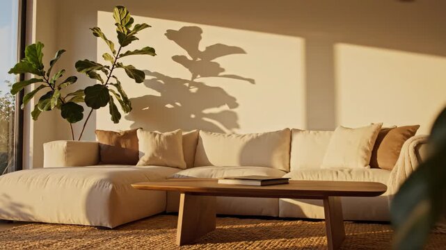 Sunlit living room with modern sofa and plants casting shadows.