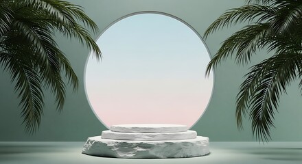 Tropical oasis stage with palm trees and a circular backdrop, perfect for product display or event promotion