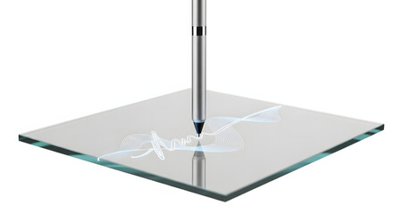 The sleek silver pen is drawing on a clear square surface, leaving behind glowing lines