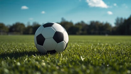 Soccer ball resting on lush green grass under bright daylight, ideal for sports-themed design
