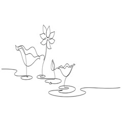 The style is minimalist line art, depicting a scenic pond with blooming and budding lotus flowers.