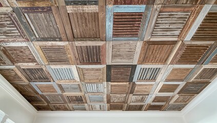 A creative ceiling design with a mix of vintage wooden shutters in weathered hues, enhancing rustic charm in the interior