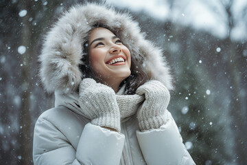Happy smiling woman in winter cloth outfit hood jacket coat in winter fall landscape season outdoors