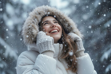 Happy smiling woman in winter cloth outfit hood jacket coat in winter fall landscape season outdoors