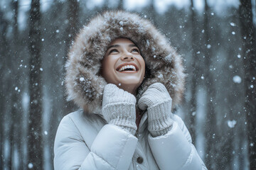Happy smiling woman in winter cloth outfit hood jacket coat in winter fall landscape season outdoors
