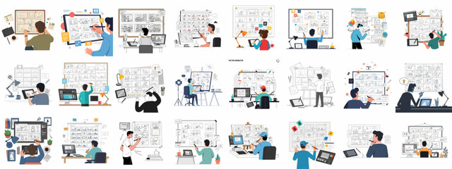 Vector bundle of artists creating storyboards, developing visual scripts for animation, filmmaking, and video production planning.
