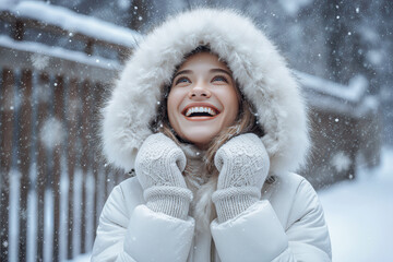 Happy smiling woman in winter cloth outfit hood jacket coat in winter fall landscape season outdoors