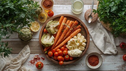 Rustic Vegetarian Spread with Artichokes, Cauliflower, Carrots, Cherry Tomatoes, Lemon, Garlic, Olive Oil, and Smoked Paprika, fiber-dense choice