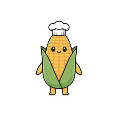 Cute Cartoon Corn on the Cob Character Wearing a Chef Hat, Smiling, Adorable Food and Cooking Mascot Vector Illustration Isolated on White Background.
