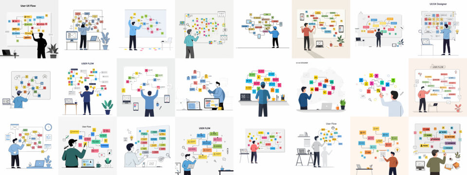 Collection of illustrations showing UX/UI designers creating user flow diagrams on whiteboards, planning digital product interfaces and customer experience strategies.