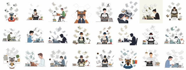 Collection of illustrations depicting writers using vintage typewriters, surrounded by flying papers and books, symbolizing creativity and the intense writing process.