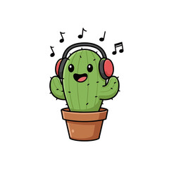 Happy Cartoon Cactus Plant Wearing Headphones with Musical Notes, Funny Botany and Music Theme Vector Illustration Isolated on White Background.