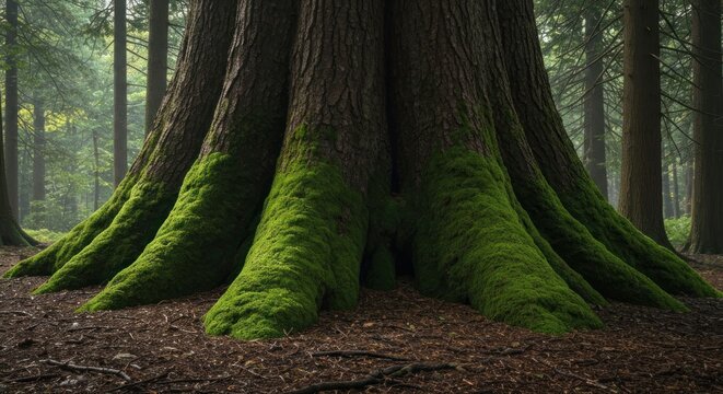 Close-up of large tree trunk with moss-covered roots in a forest
