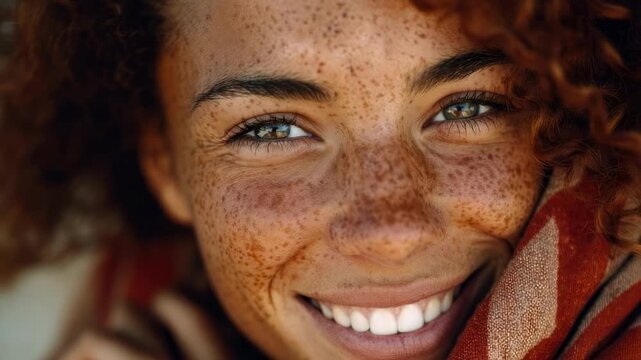 Close-up of a smiling person with freckles and curly hair, wrapped in a warm scarf.